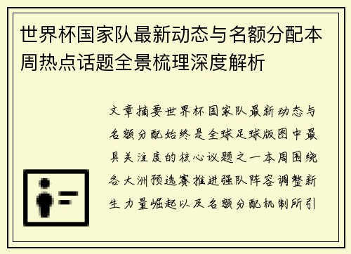 世界杯国家队最新动态与名额分配本周热点话题全景梳理深度解析